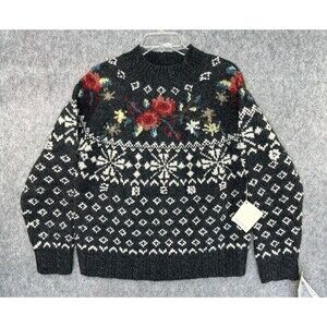 Nordic Traditional Hand Knit Shetland Wool Pullover Fair Isle Gray Rose Size M